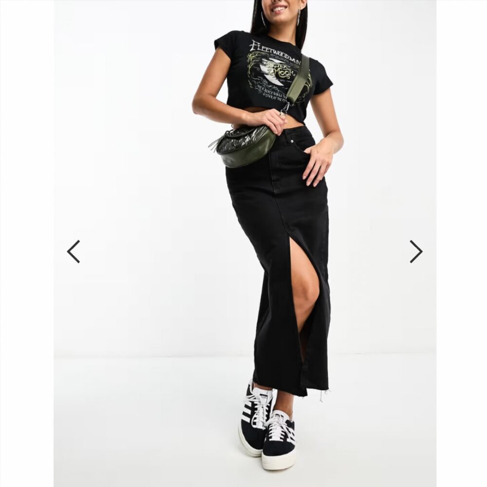 Stradivarius denim midi skirt with front split in black